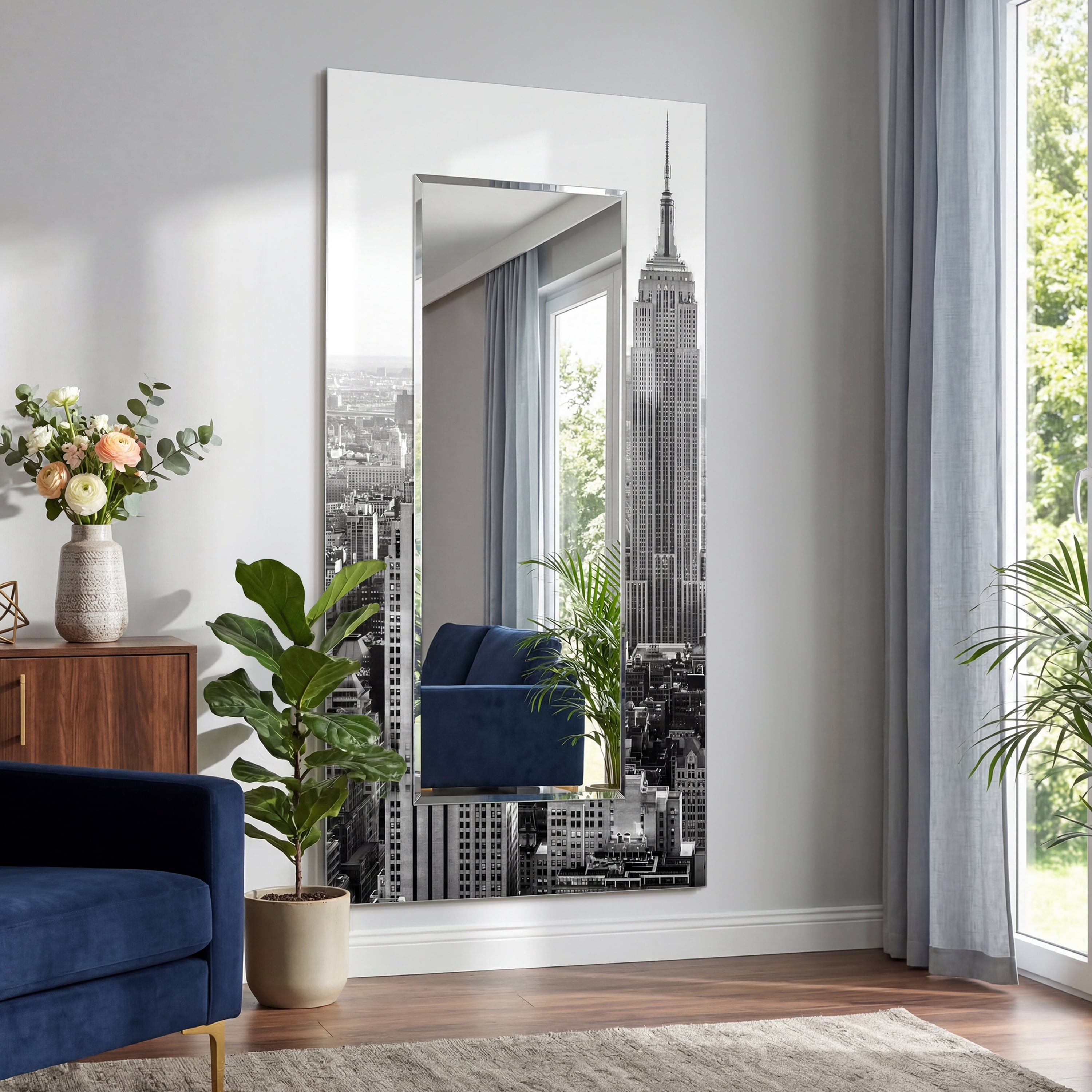 Empire Art Direct My N.Y. Rectangular Beveled Mirror on Free Floating Reverse Printed Tempered Art Glass, 72" x 36" x 0.4", Ready to Hang