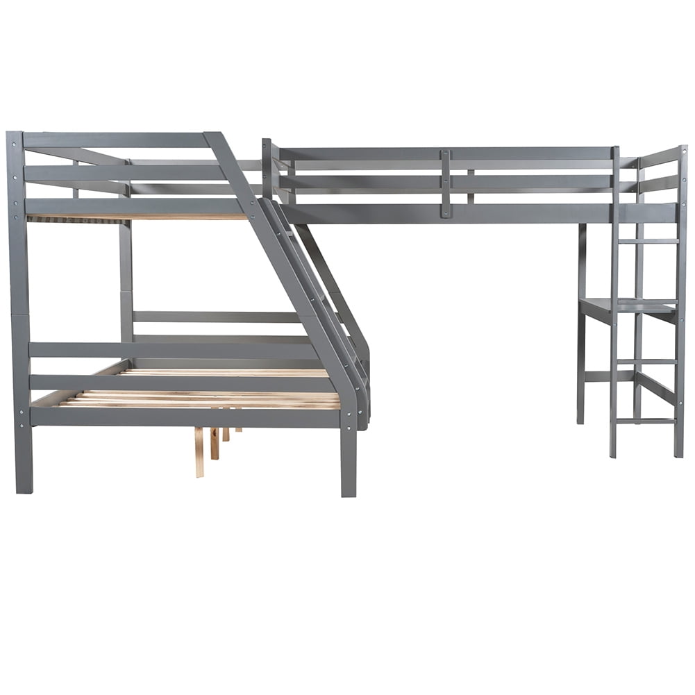 Kadyn Triple Bed Twin-Over-Twin-Over-Full Bed L Shaped Bunk Bed with Built-in Desk, Gray