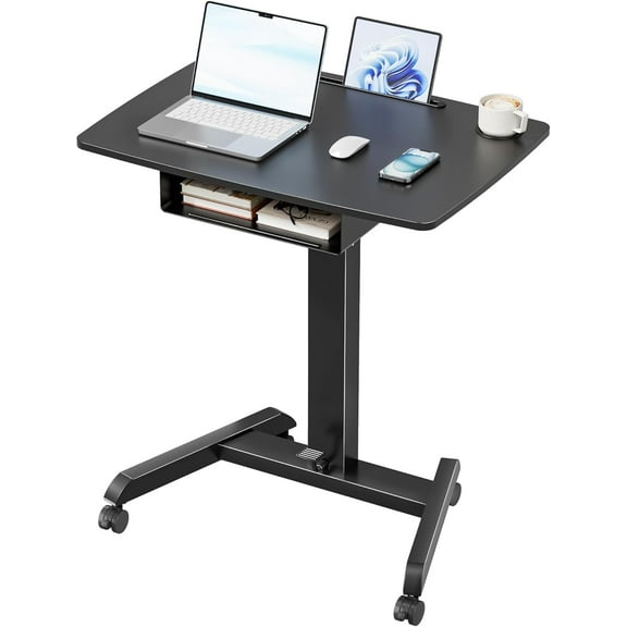 Standing Rolling Desk- 31.5' X 22' Extend Sanding Desk for Classroom, Height Adjsutable up to 44.3' Mobile Laptop Table with Wheels, Moveable Laptop Cart, Teacher Podium with Drawer, Black