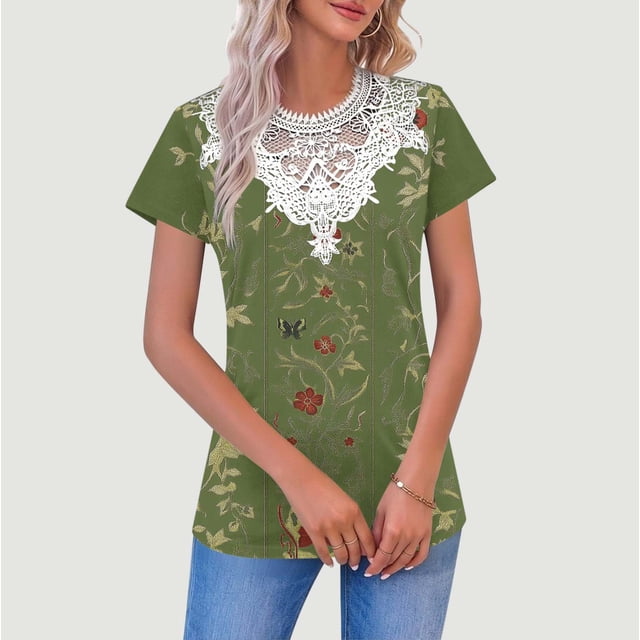TaTaai Women‘s Floral Print Spring Top, V Neck Short Sleeve Pullover with Sheer Insert Sleeves, Casual Loose Fit Blouse for Warm Weather Daily Wear Gift