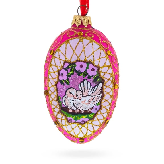 Romantic Doves in Floral Glass Egg Ornament 4 Inches