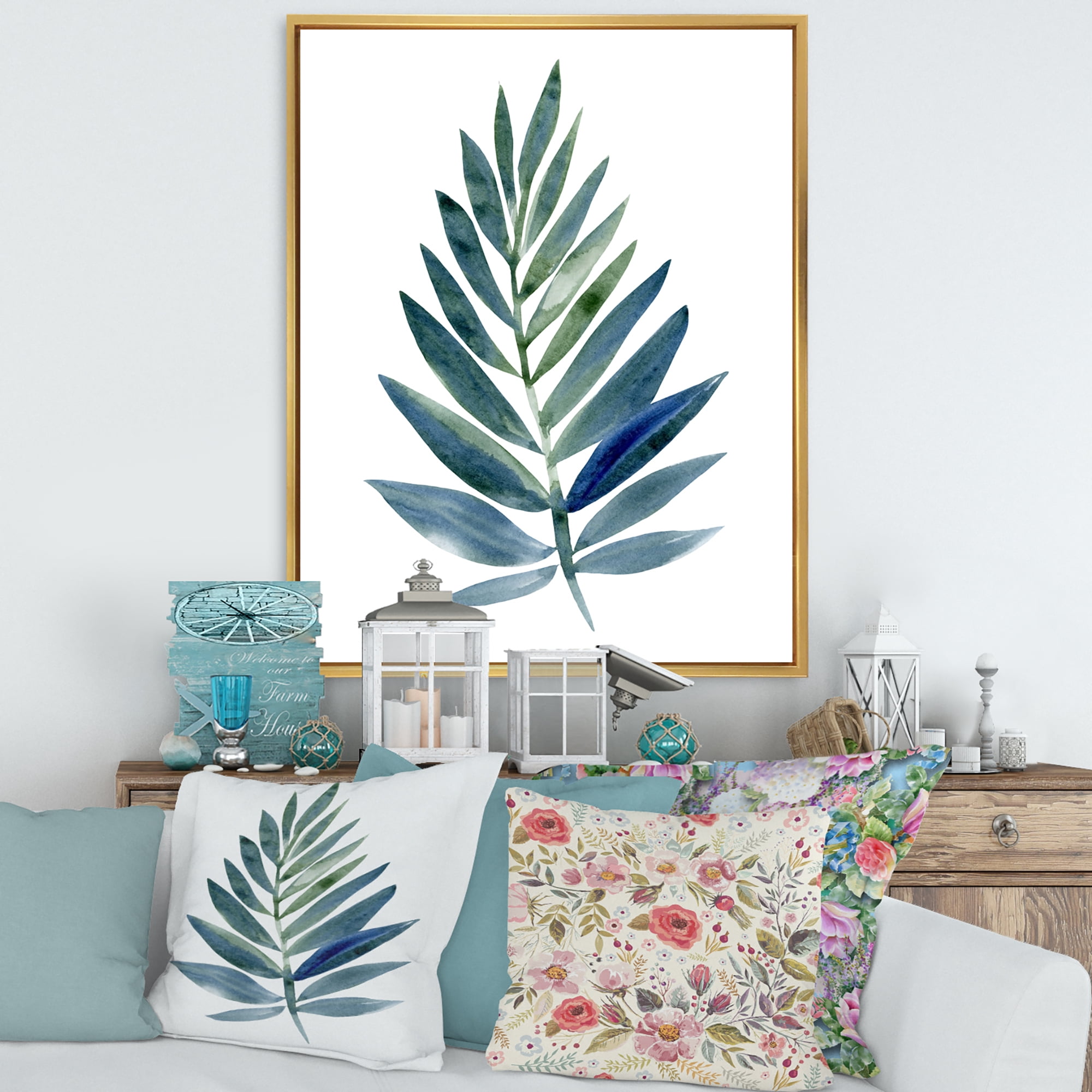 Designart 'Tropical Green Leaf On White' Farmhouse Framed Canvas Wall Art Print