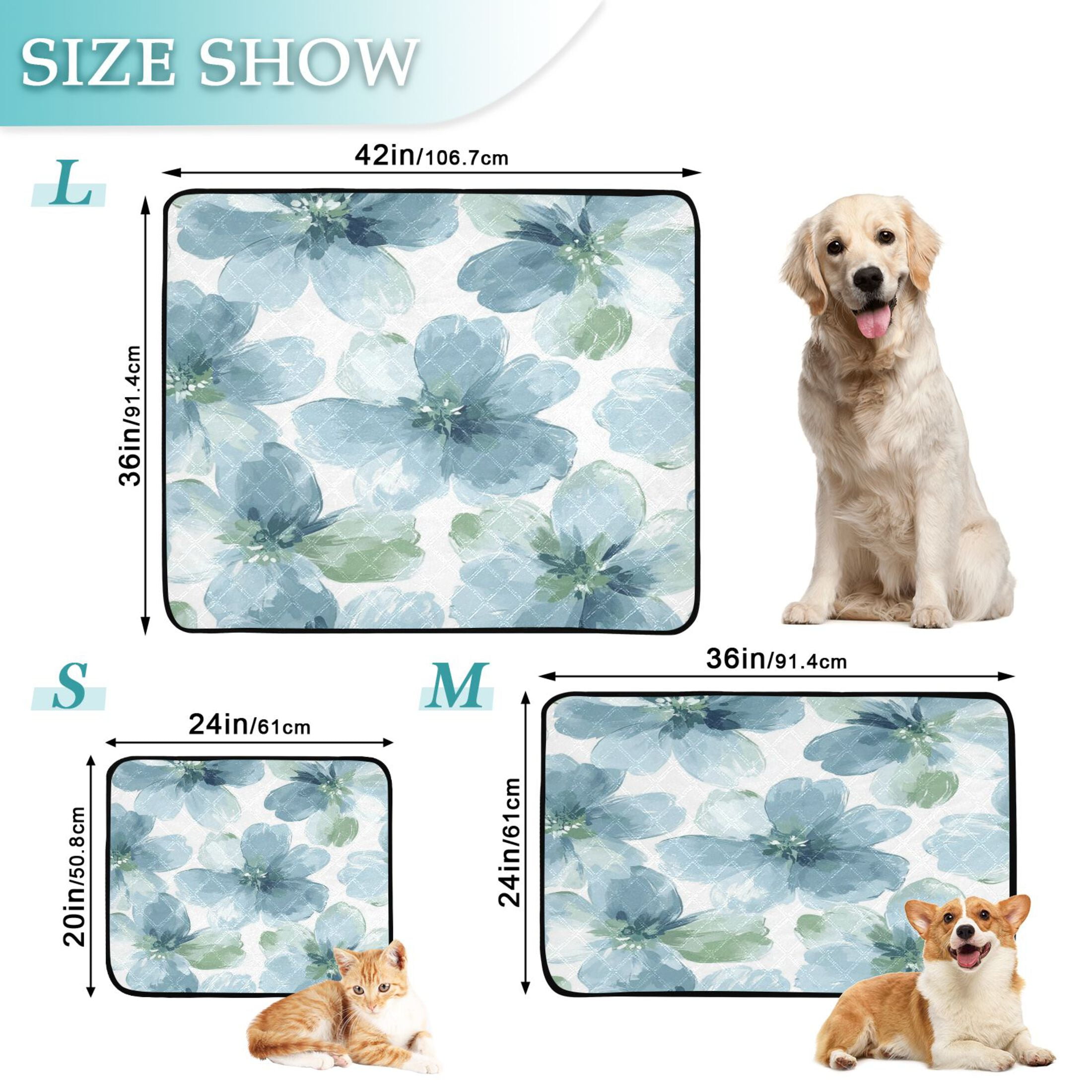 Qxltty Elegant Flowers in Shades Of Blue Cat litter Pads Pet Set of 3 Diaper Mats Center Anti-leakage Layer Absorbent Soft and Comfortable