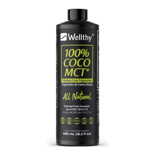 MCT Oil 100% Natural 95% en C8 y C10. 480 ml (32 días de porciones) Keto Safe, Paleo Safe Wellthy Envase con aceite