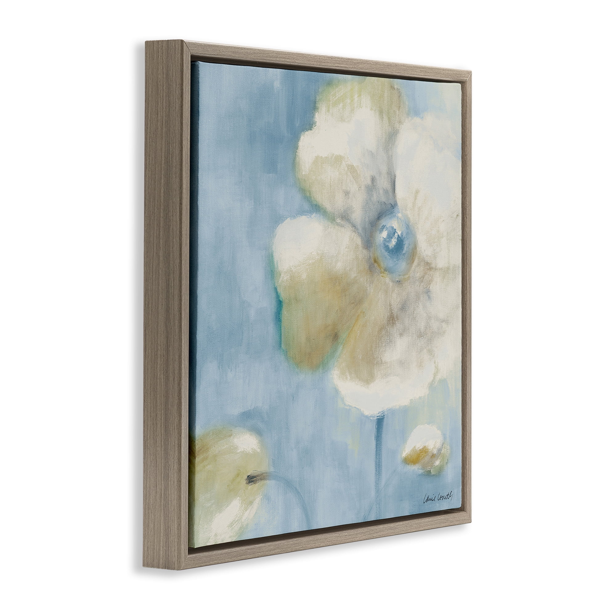 Stupell Industries White Blossom on Blue Botanical & Floral Painting Brown Floater Framed Canvas Art Print Wall Art, 18 x 18