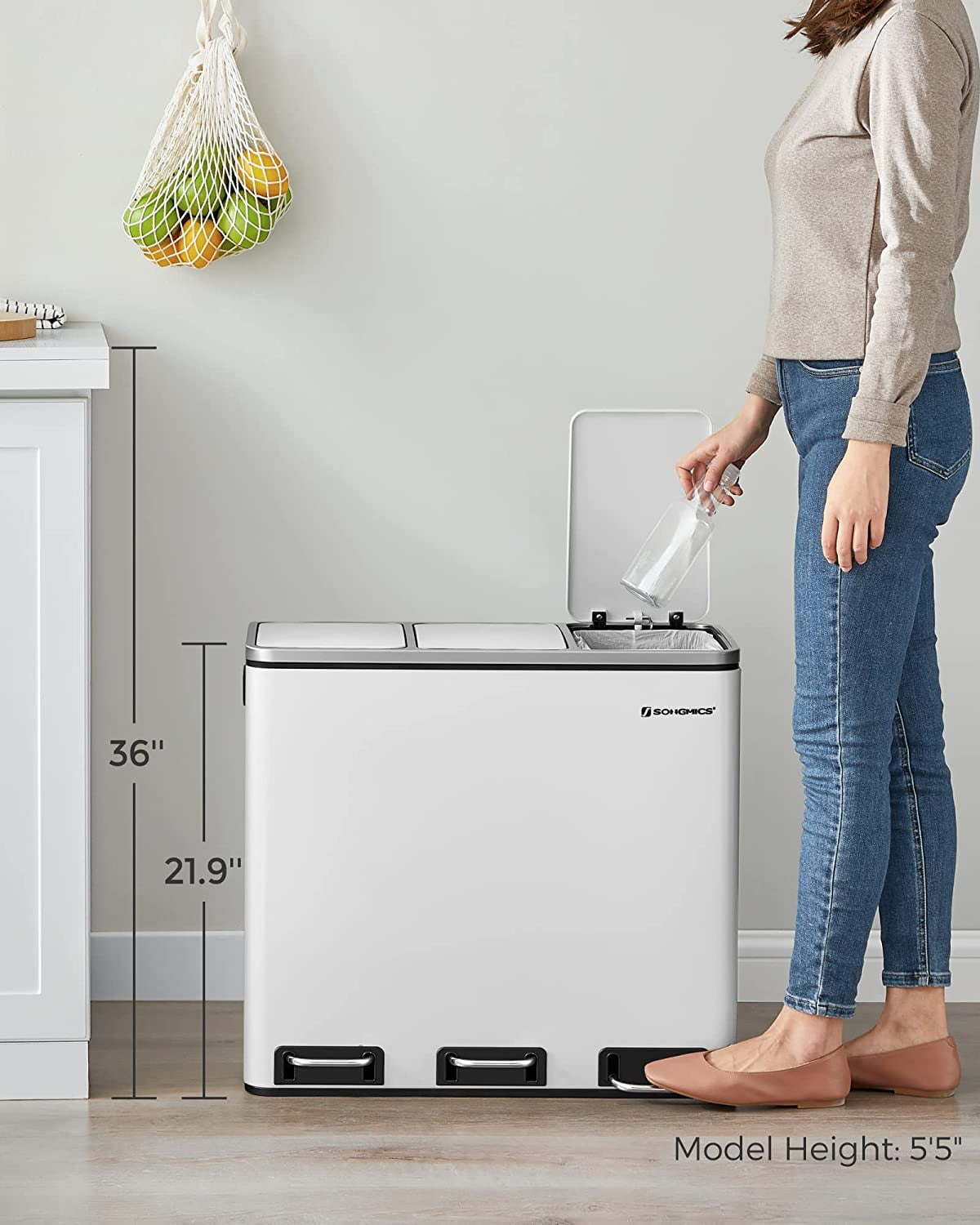14.4 Gallon Trash Can Kitchen Garbage Can Recycle Bin with Soft-Close Lids Pedals and Inner Buckets for Kitchen Stainless Steel White