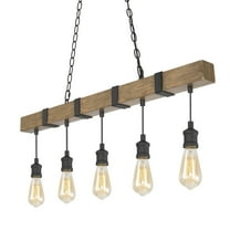 LNC 5-Light Brown Wood and Black Bare Bulb LED Farmhouse Linear Chandelier