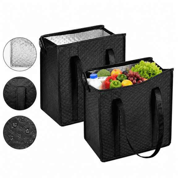 2-Pack 18L 3-Layer Insulated Grocery Bags, Foldable Reusable Insulated Shopping Bag, Small Zipper Cooler Bag for Shopping, Camping, Beach & Outdoor Travel