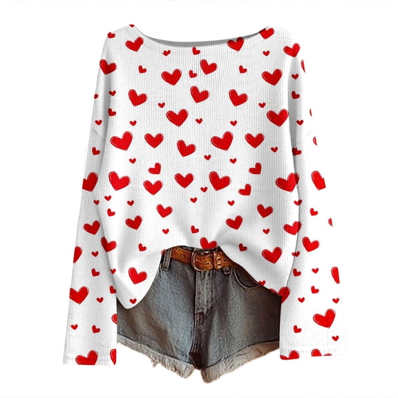 Valentines Sweaters for Women Basketweave Rib Heart Print Crewneck Knit Sweater Long Sleeve Pullover Knit Look Top White XL