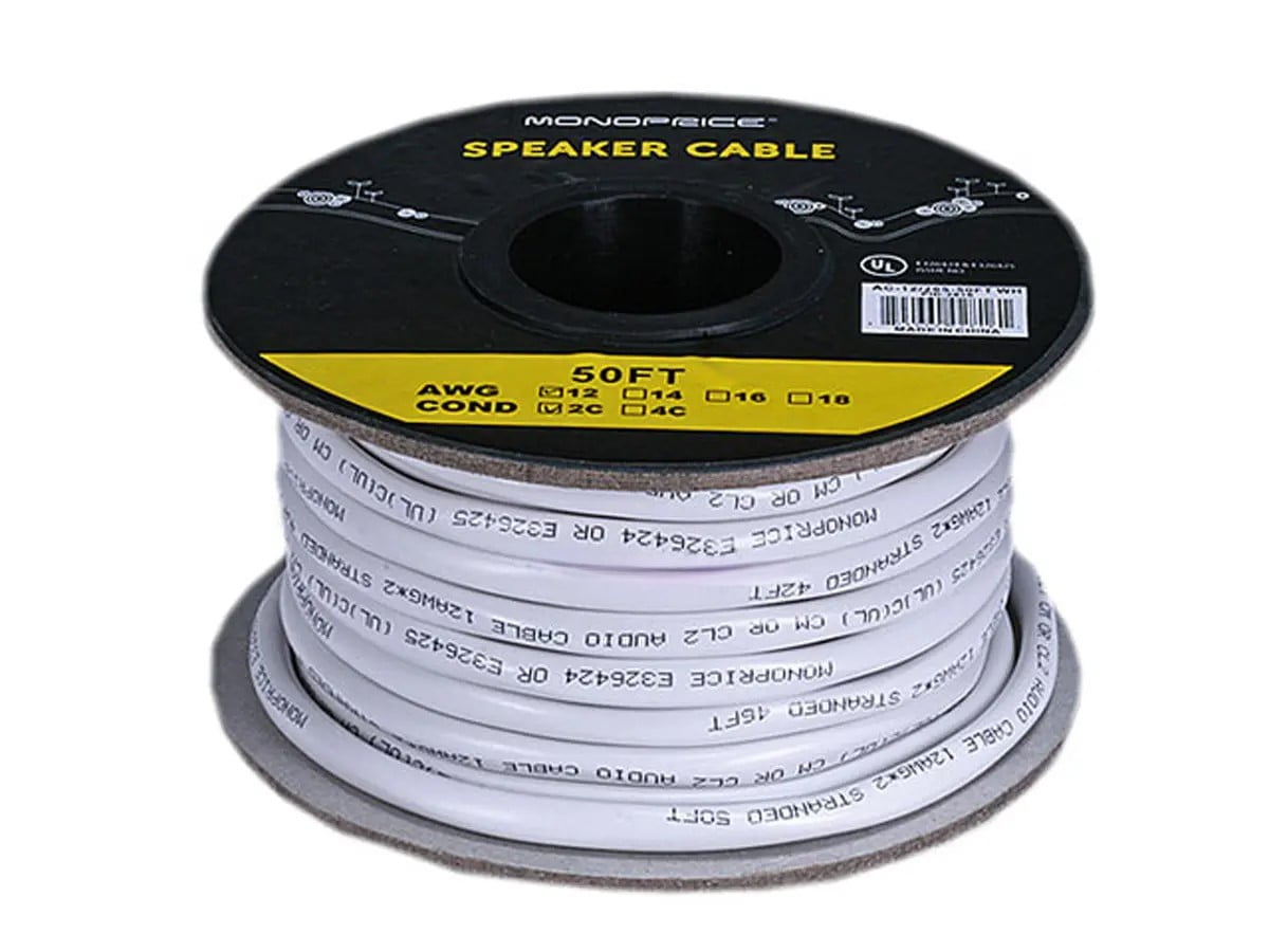 Monoprice Speaker Wire, CL2 Rated, 2-Conductor, 12AWG, 50ft, White