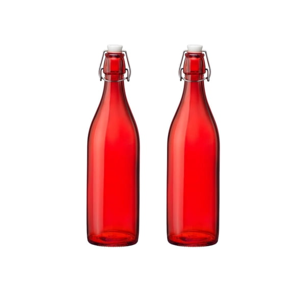 Bormioli Rocco Giara Glass Bottle with Leak-Proof Lid, 33.75 oz (Set of 2) - BPA-Free Bottle for Infused Drinks, Juices, Dressings, Decorative Glass Storage, Airtight Glassware - Made in Italy (Red)