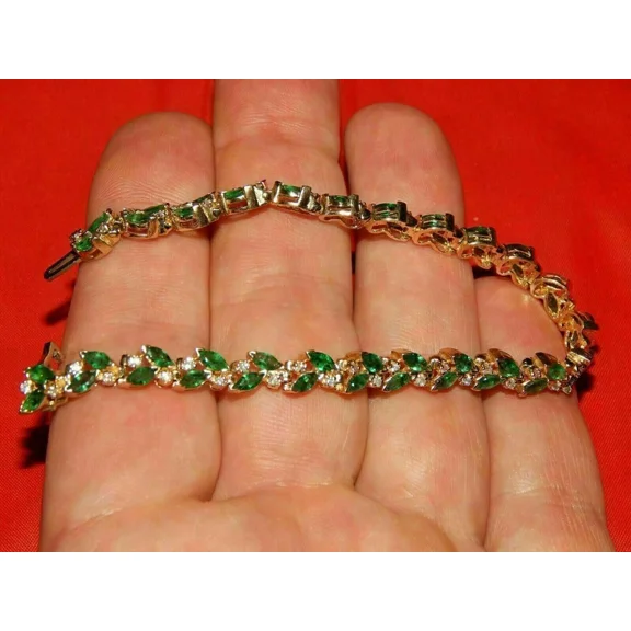 6Ct Marquise Cut Created Green Emerald Tennis Bracelet 14K Yellow Gold Finish 7"