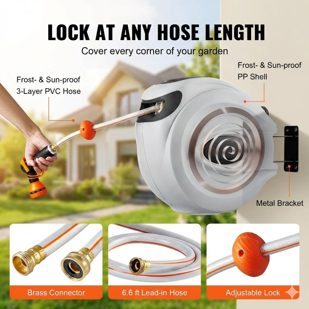 Retractable Hose Reel 100 Ft X 0.5 Inch Garden Water Hose With 9-Pattern Nozzle,180° Swivel Bracket