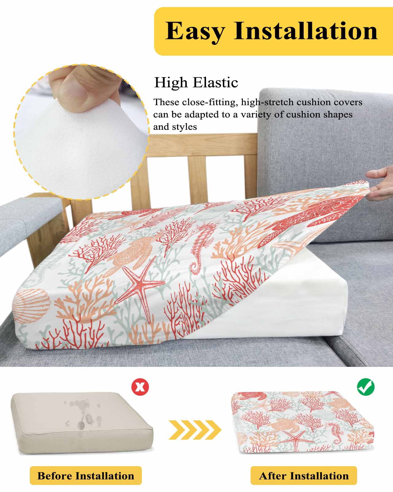 Red Orange Coastal Couch Cushion Covers Stretch, Washable Sofa Seat Covers Individual Seat Cushion Sofa Slipcovers Sea Turtle Nautical Coral Summer Beach Couch Cover Furniture Protector M-1PCS