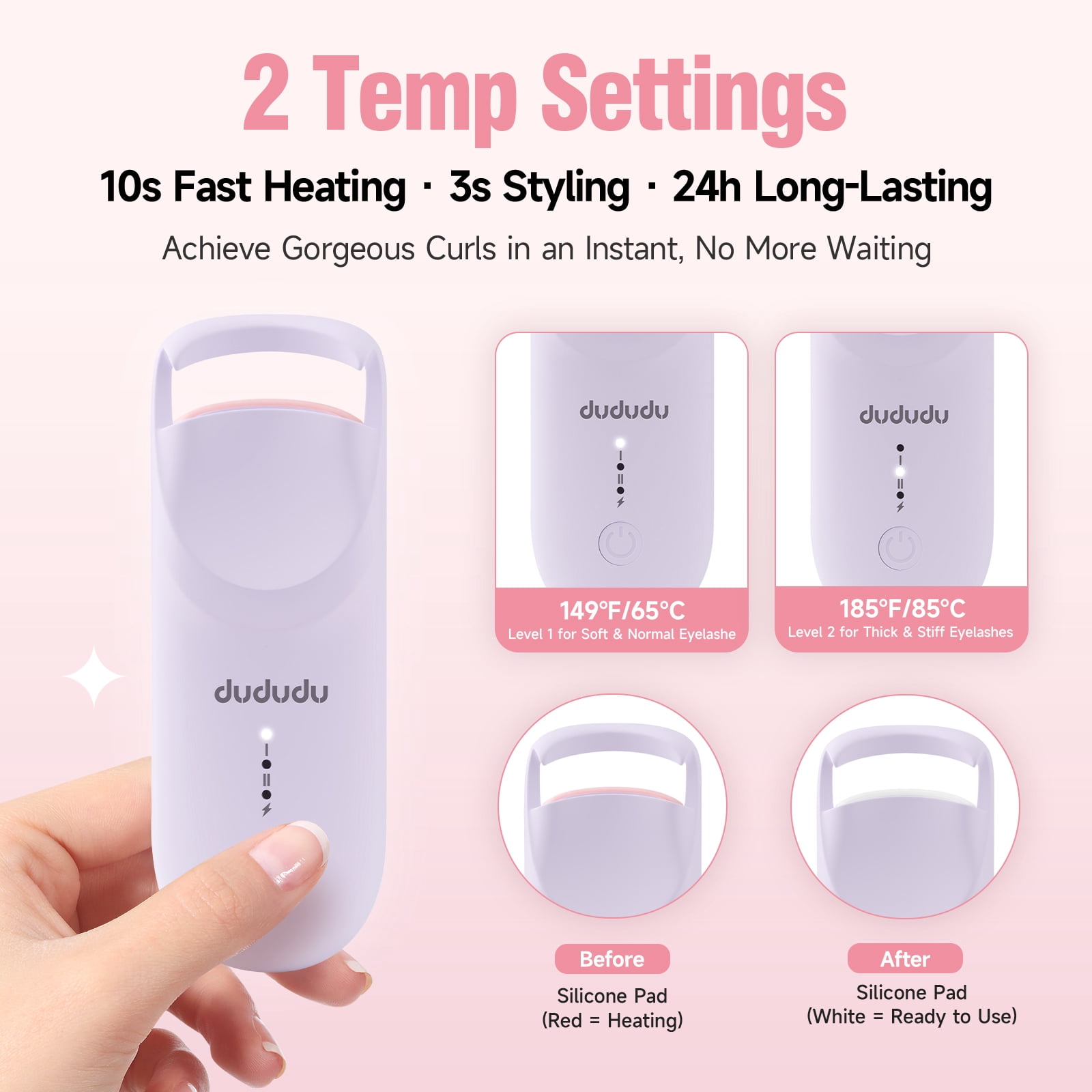Heated Eyelash Curler, Portable Travel-Size Mini Electric Heated Lash Curler - 2-Level Adjustable Temp & Type-C Recharge, 10S Heat 3S Style 24H Lift for Long-Lasting Natural Effortless Curves