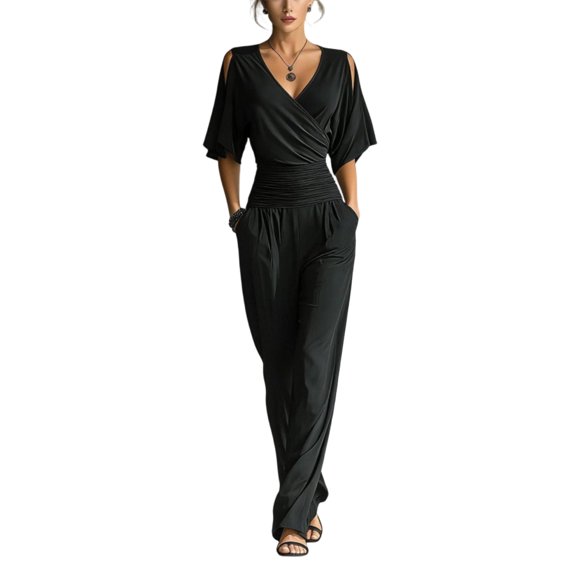 JULMCOMO Jumpsuits for Women Deep V Neck Cold Shoulder Casual Rompers Half Sleeve Cinched Waist Wide Leg Summer Jumpsuit with Pockets Black XL