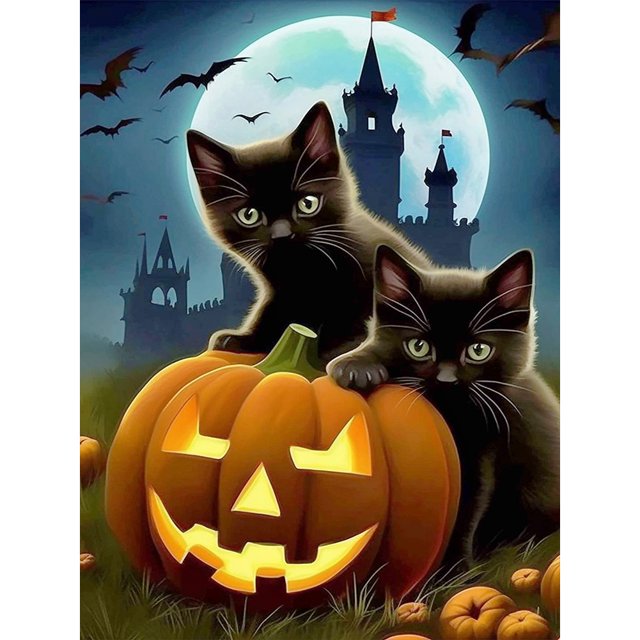 Serie Dibujos Animados Gato Y Calabaza Halloween JShteea Con Diamantes Redondos Resina 30*40CM
