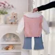 thumbnail image 2 of 1-5Y Children's Clothing 3Pcs Girls' Spring Outfit Cute Cartoon Bear Knitted Vest Shirt And Jeans Kid's Bell-bottoms Suit, 2 of 6
