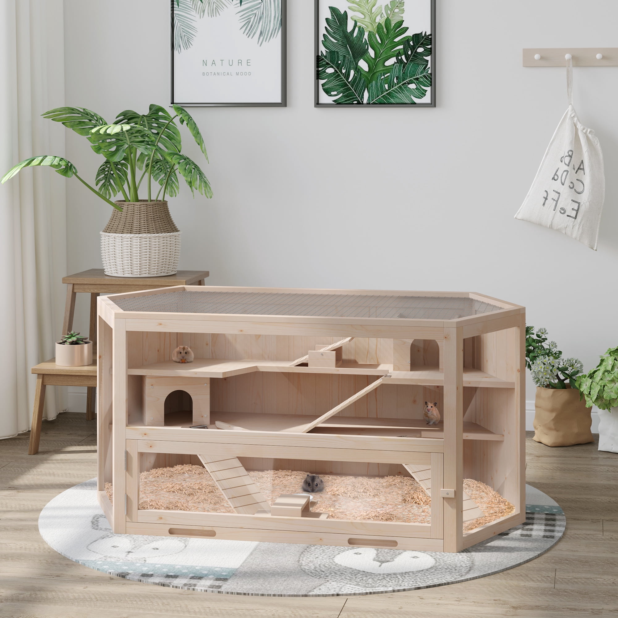 Pawhut Compatible Wooden 3-Tier Hamster Cage Hutch Box with Seesaw, Natural