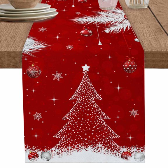 nqOlkjepod Red Christmas Tree Table Runner 120 Inches Long Farmhouse Dress Scarves, Xmas Balls Pine Needles Snowflake Dining Tablerunner for Coffee Table/Kitchen Island/Party Décor, 13" x 120"