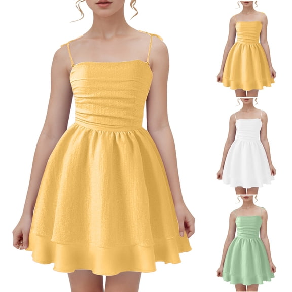 WUANDIXFA Girl's Smocked Ruched A Line Swing Dress Layered Tie Shoulder Flowy Cami Short Dress (Yellow, 11-12 Years)