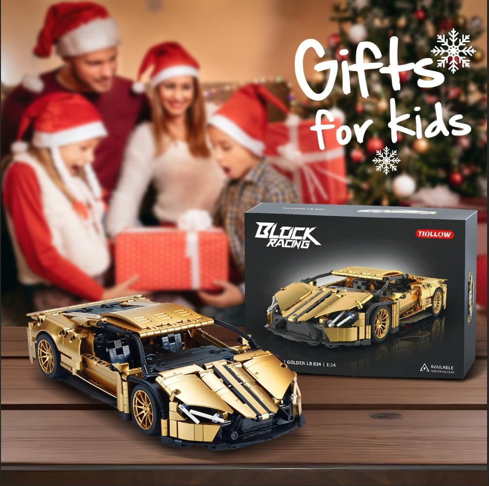 Sports Car Building Set for Adults - 1:14 MOC Toy Car Building Block, Racing Car Model Kit  (Gold)