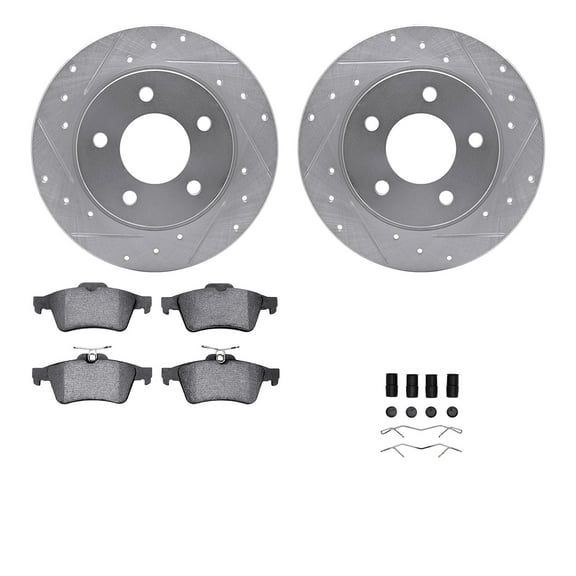 Dynamic Friction Company Rear Brake Rotors-Drilled and Slotted-Silver with 5000 Advanced Brake Pads includes Hardware 7512-80030