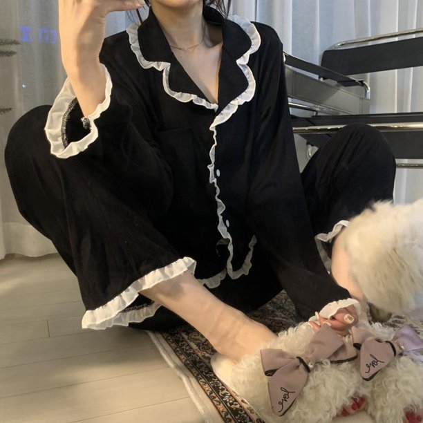 Pijamas de verano con lazo para mujer, ropa de dormir de manga larga, conjuntos de pijama con volantes sólidos, traje de 2 piezas, ropa de noche coreana