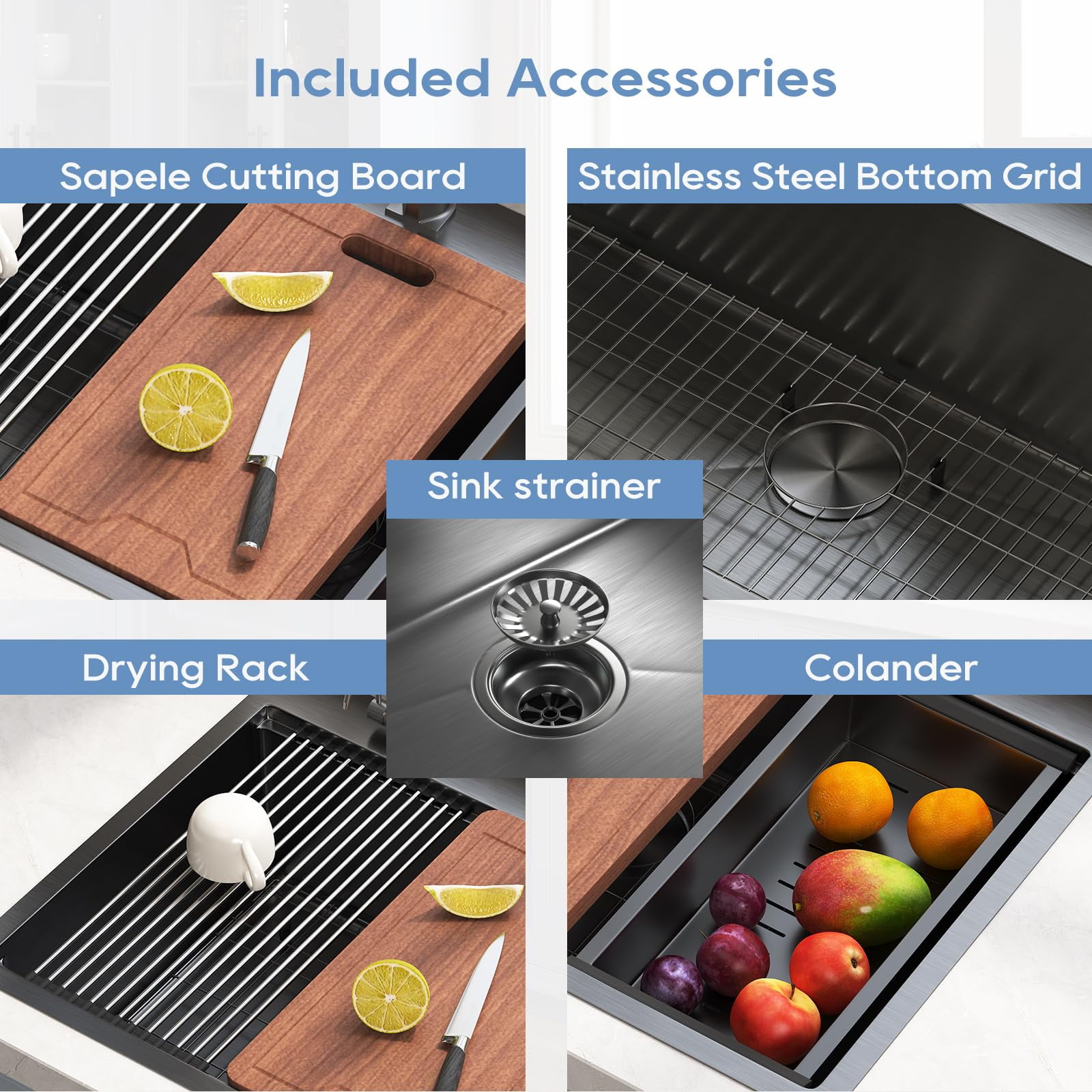 DELUXE LIVING 33 Inch Drop In Kitchen Sink with Accessories, 16 Gauge Single Bowl 304 Stainless Steel Stepped Sink, Workstation Kitchen Sinks 5 Accessories include Drain Strainer, Gun black