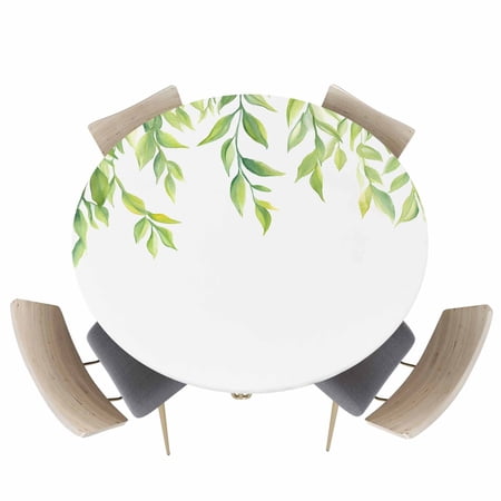 Round Fitted Tablecloth Watercolor Green Leaf Circle Table Cover Waterproof Table Cloth with Elastic Edge Rustic Natural Seasonal Plant Outdoor Tablecloths for Kitchen Picnic 45-54in