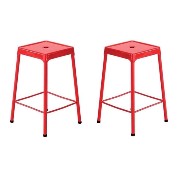 Home Square 25" Steel Backless Counter Stool in Glossy Red - Set of 2