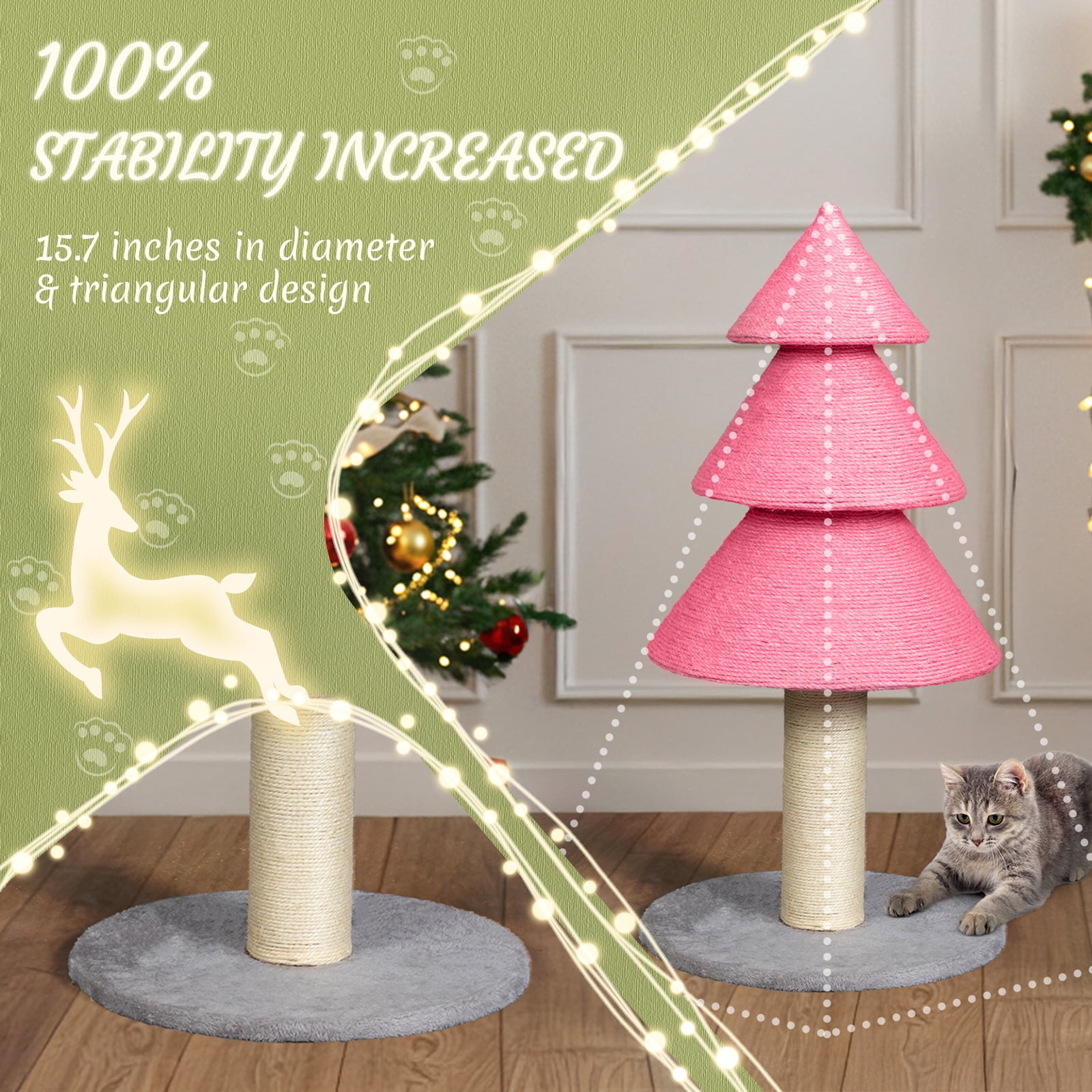 Zimtown Large Christmas Tree Cat Scratching Post, 31.5-Inch Tall Sisal Scratcher for Indoor Cats, with Toy Ball, Pink