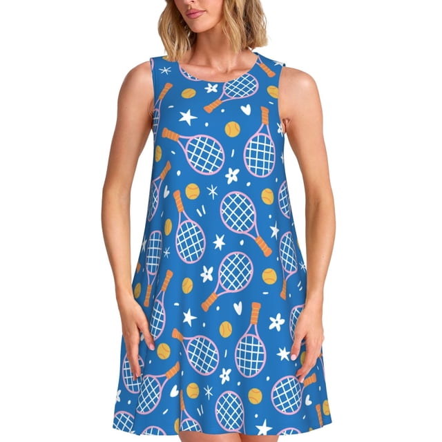 Vsdgher Robes d'Été Imprimé Tennis pour Femmes Décontracté Col en U Robe de Plage Sans Manches Robe Débardeur Ample avec Poche