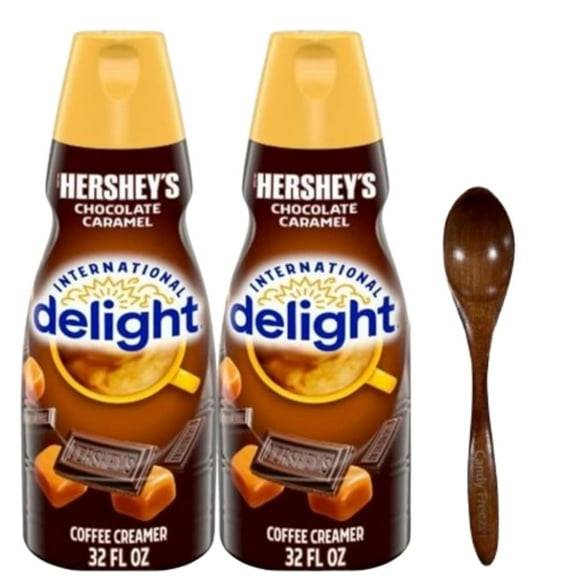 Candy Freezer Int'l Delight Shelf-stable Non-dairy Liquid Coffee Creamer.- Pack of Two (2) 32 fl oz Bottles (Chocolate Caramel) with Wooden Spoon