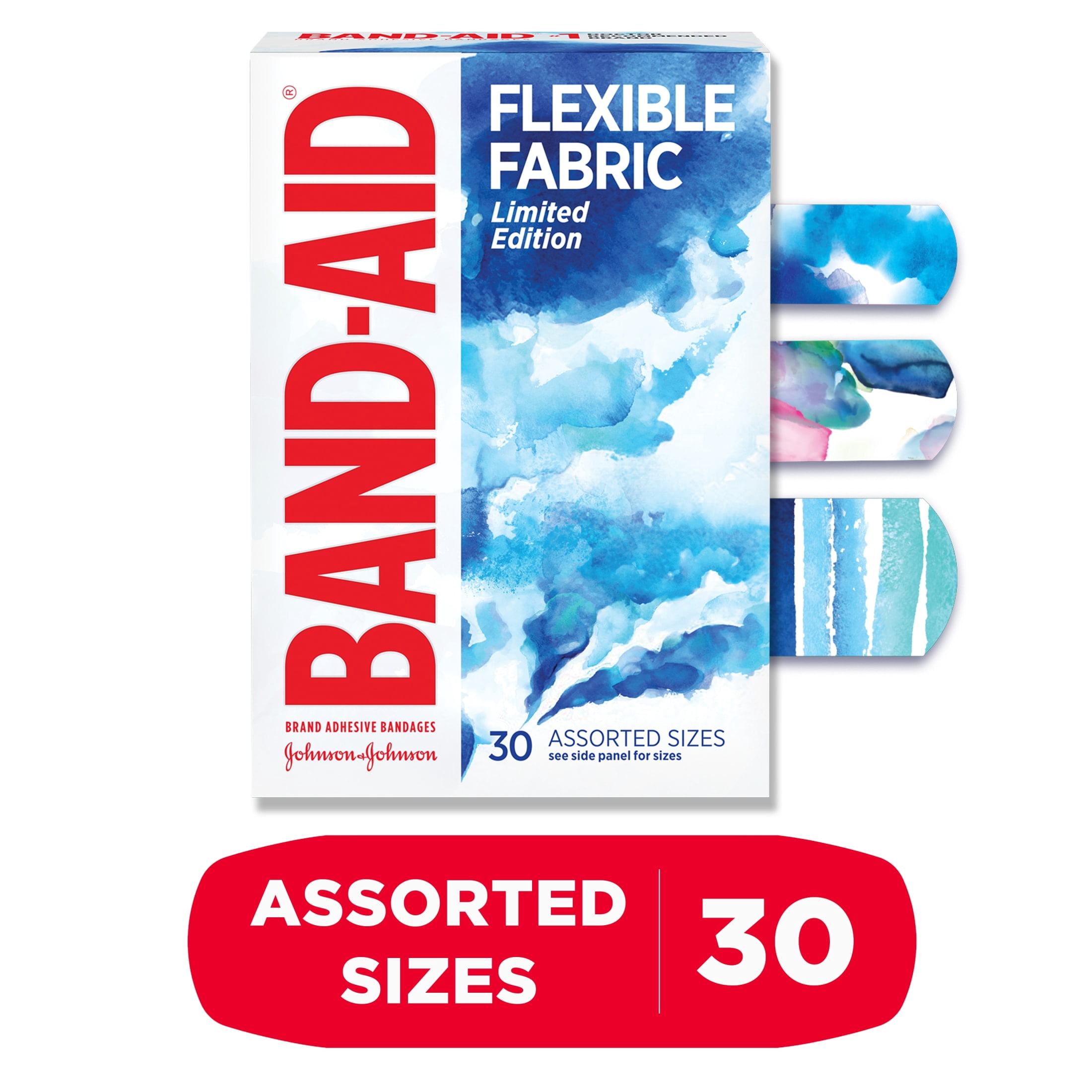 (3 pack) Band-Aid Brand Flexible Fabric Bandages, Water Color, Assorted, 30 Count