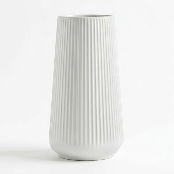 White Ceramic Vase 8 Inch with Ribbed Design for Dried Flowers and Centerpieces