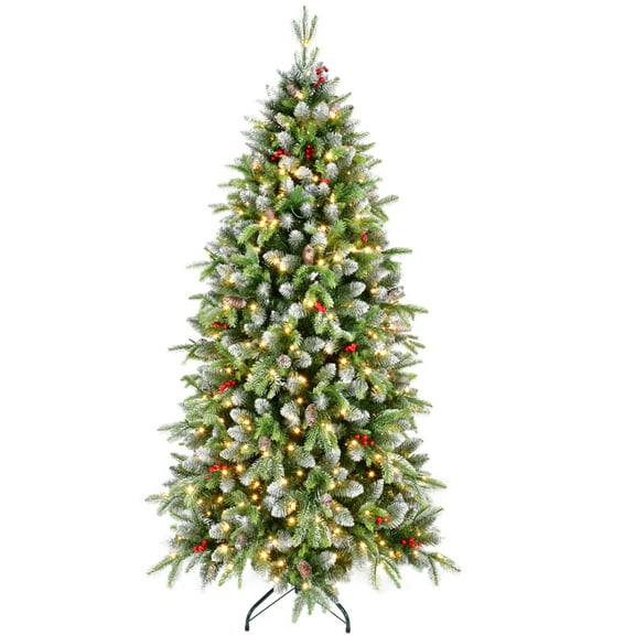 Frosted Holiday Christmas Tree 6ft Pre-Lit, Features Red Berries, Pinecones & 380 Warm LEDs on a Full 1264-Tip Tree