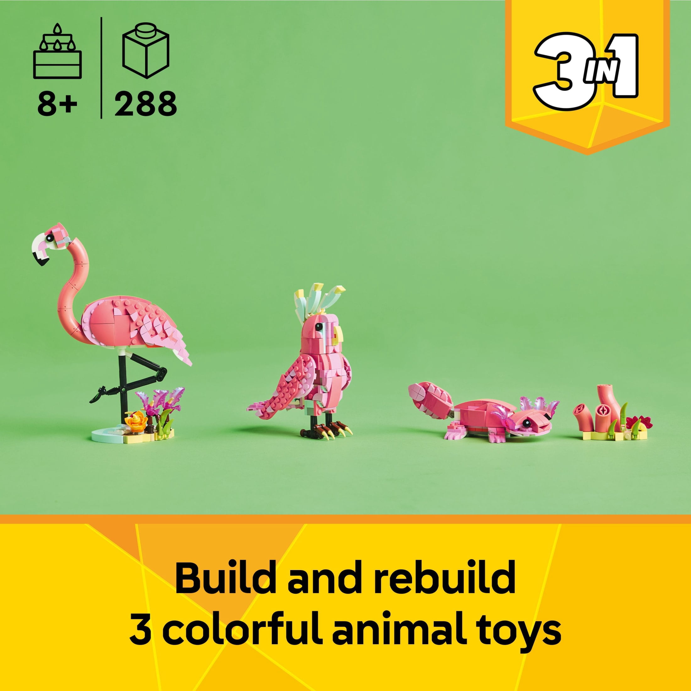 LEGO Creator 3 in 1 Wild Animals: Pink Flamingo Animal Building Toy for Girls & Boys, 8+ - Building Set W/ 3 Building Options, Pink Flamingo, Cockatoo, or Axolotl - Gift for Birthdays - 31170