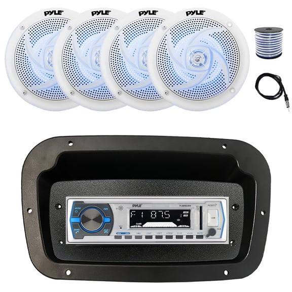 Pyle PLMRB29W Single DIN Bluetooth Marine MP3 Stereo Receiver, Spa bezel, Adapter Plate, 22" Radio Antenna, Wire, 4x 4" 100 Watt Max 2-Way Blue Flashing LED Boat Audio Speakers (White)