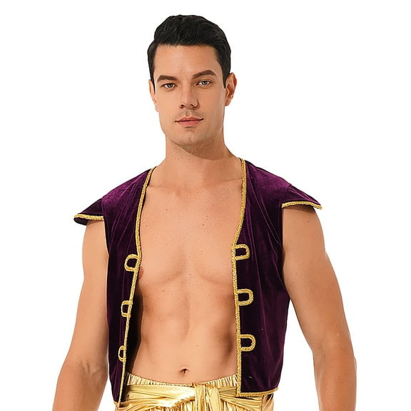 Zaldita Men's Cap Sleeve V Neckline Braided Trimming Vest Halloween Holiday Waistcoat Dress Up Dark Purple M