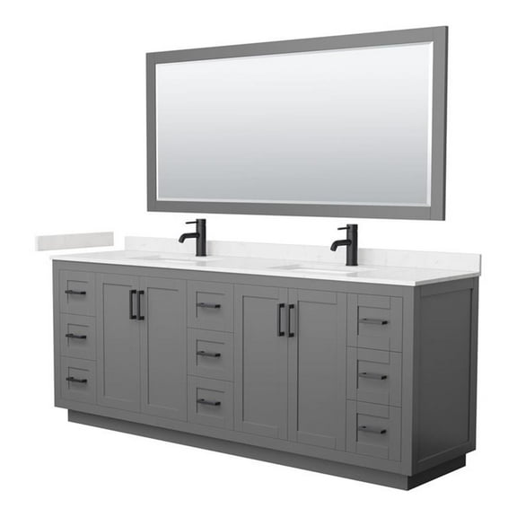 Wyndham Collection Miranda 84" Marble Double Bathroom Vanity in Gray/Black