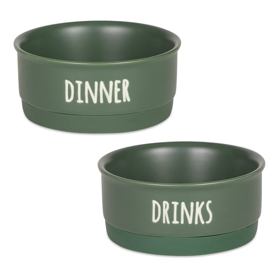 DII Pet Bowl Dinner And Drinks Hunter Green Small (Set of 2)