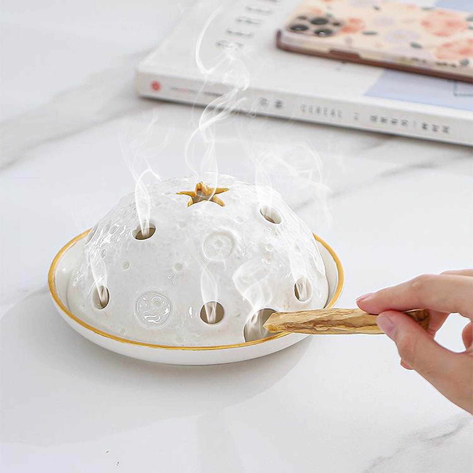 Moon Surface Ceramic Palo Santo Holder, 2-in-1 Incense Burner & Ash Catcher with Gold Rim, 5.98in