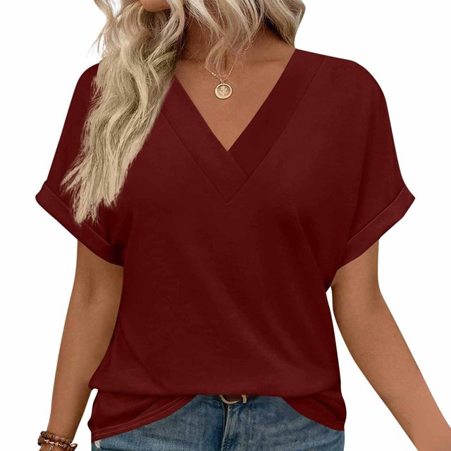 Soki Blouse Mode Femme Manches Courtes Col en V T-Shirt Tops Liquidation