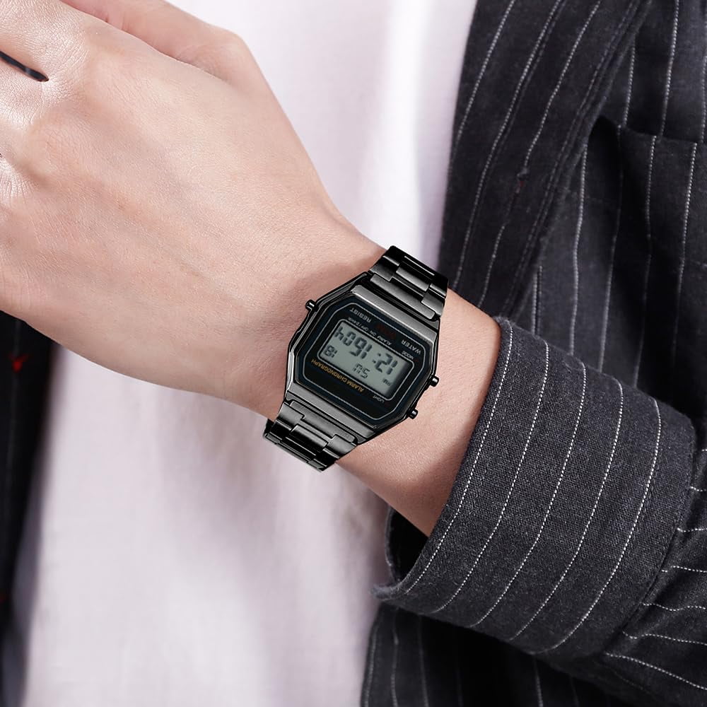 Classic Women's Digital Multifunction Sports Watch Stainless Steel Band Square Waterproof Electronic Led Watch