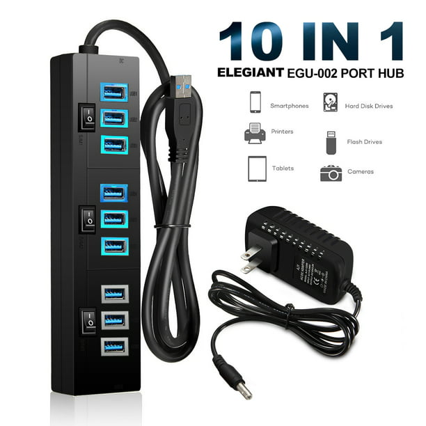 ELEGIANT Powered USB 3.0 Hub, 9 Data USB Ports&1 USB Charging Ports with ft Extended Cable, Multi USB Port Expander Splitter, Compatible for Mac, Laptop, Windows PC, HDD - Walmart.com