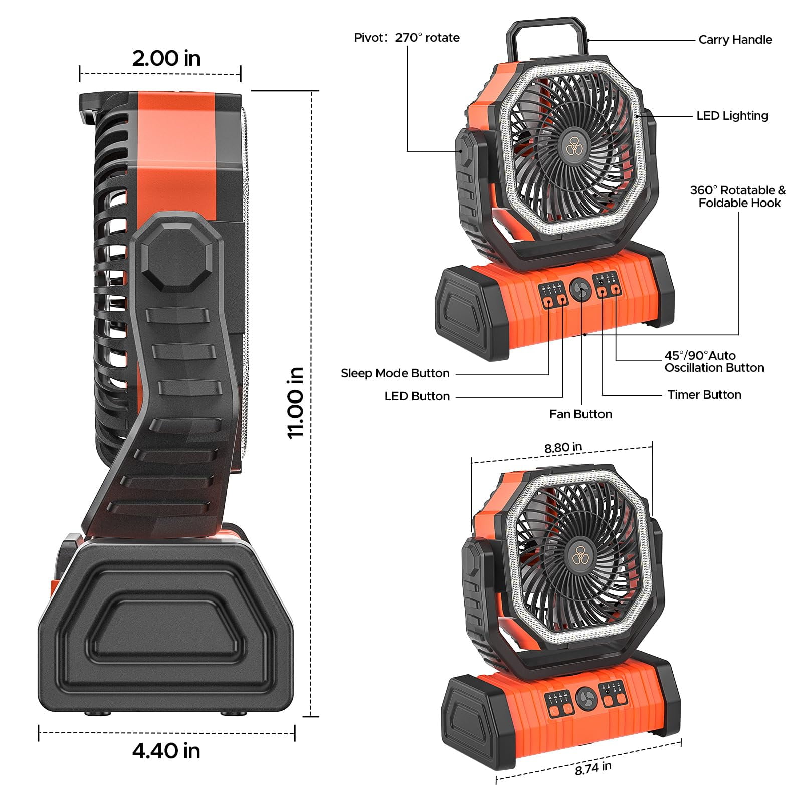 Camping Fan, 20000mAh Rechargeable Battery Operated Outdoor Tent Fan with LED Light & Foldable Hook, 4 Speeds with 270° Rotate Pivot for Camping, Barbecue, kitchen, Fishing, Construction(Orange)