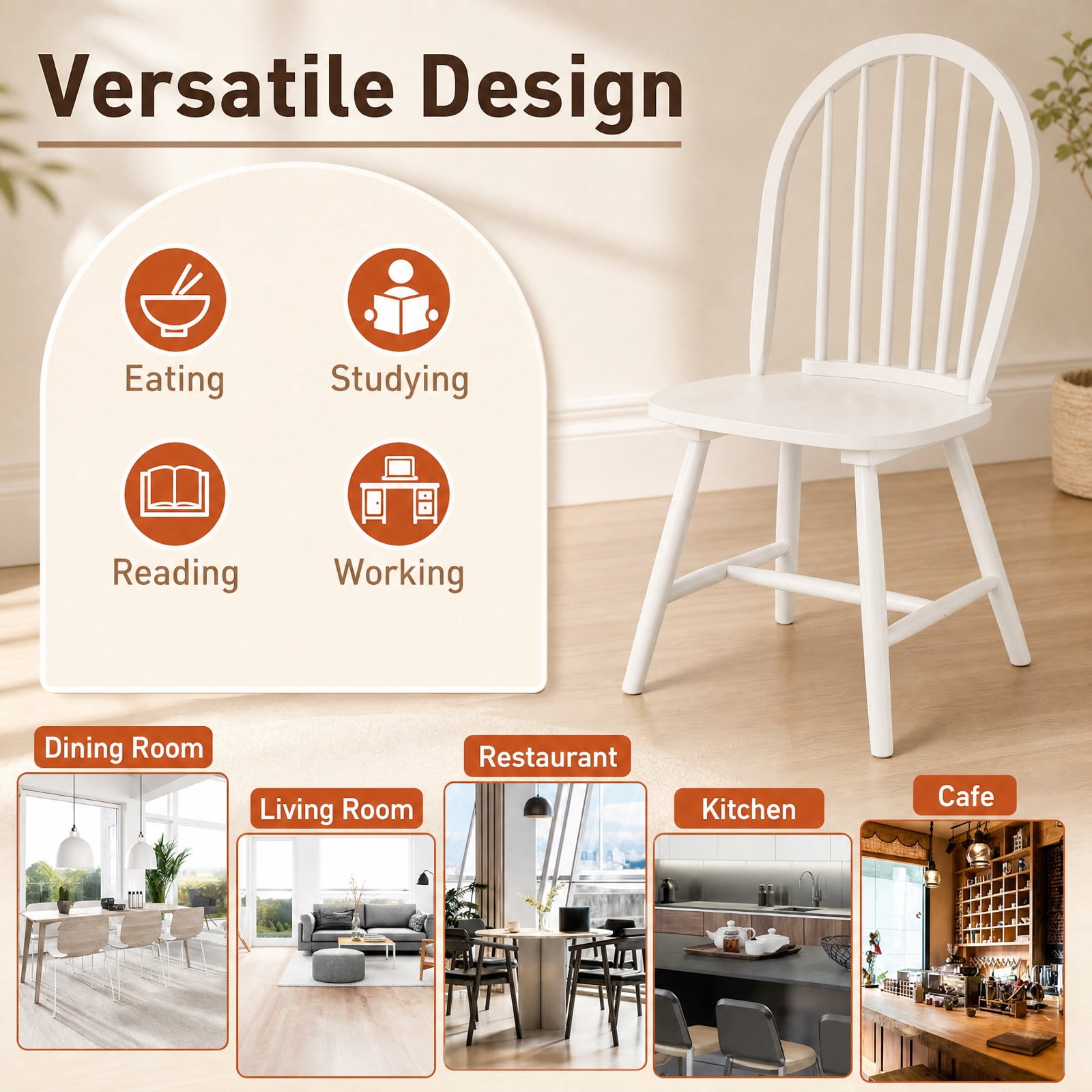 Furnibear Set of 2 Vintage Windsor Wood Chairs with High Spindle Back and Ergonomic Widened Seat for Dining Room and Kitchen, White