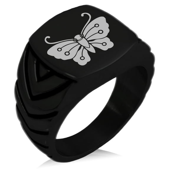 Stainless Steel Kawari Kocho Butterfly Kamon Crest Chevron Pattern Biker Style Polished Ring