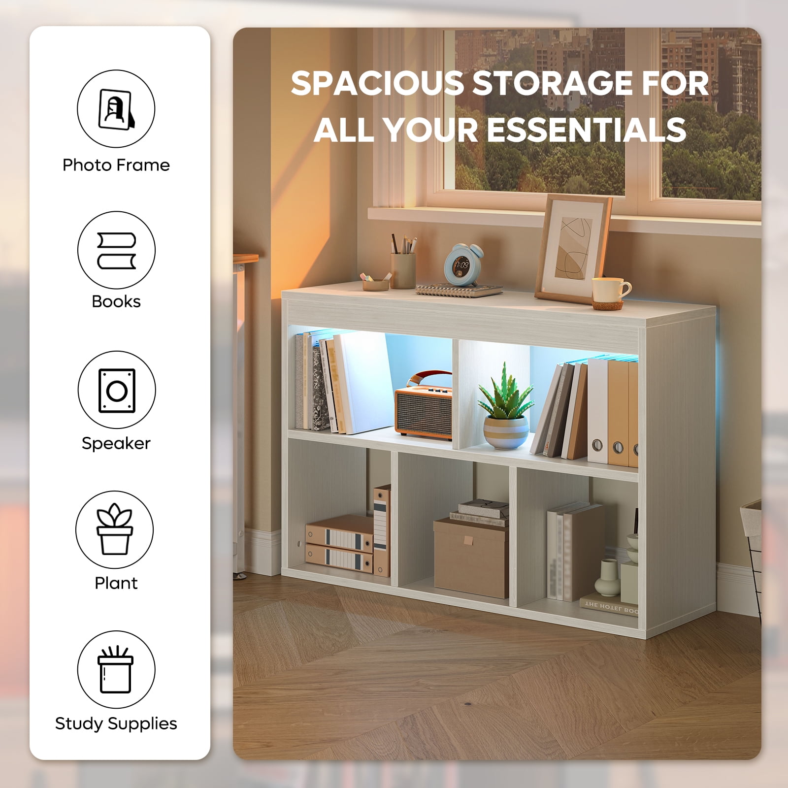 Pinmoco 5-Cube Reversible Toy Storage Organizer LED Kid's Shelf Multipurpose Bookcase, Gray